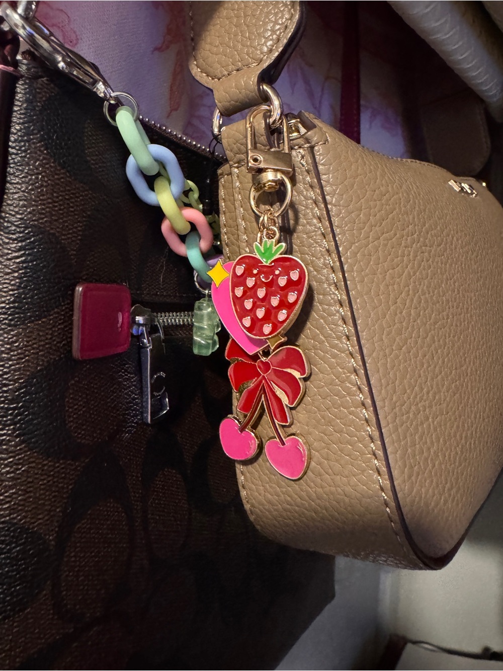 ✨NEW Strawberry & Cherry Enamel Bag Charm Keychain - Pink Red✨